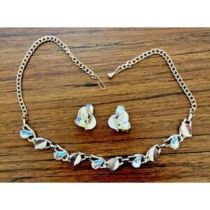 Vintage Aurora Borealis Leaf Necklace & Earrings Gold Tone Demi Parure